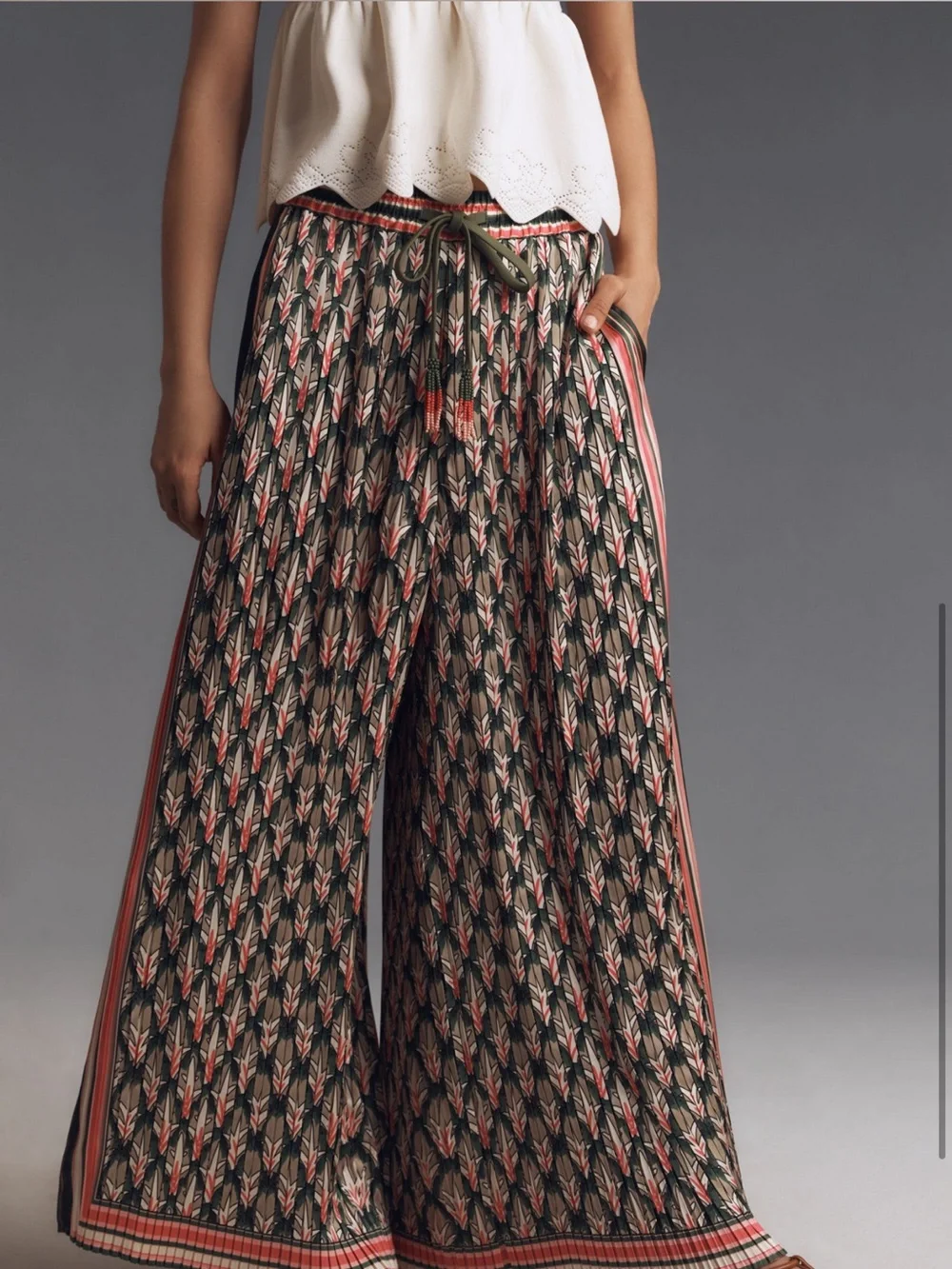 FARM Rio Olive Green and Coral Wide-Leg Printed Palazzo Pants - Picture 3 of 4